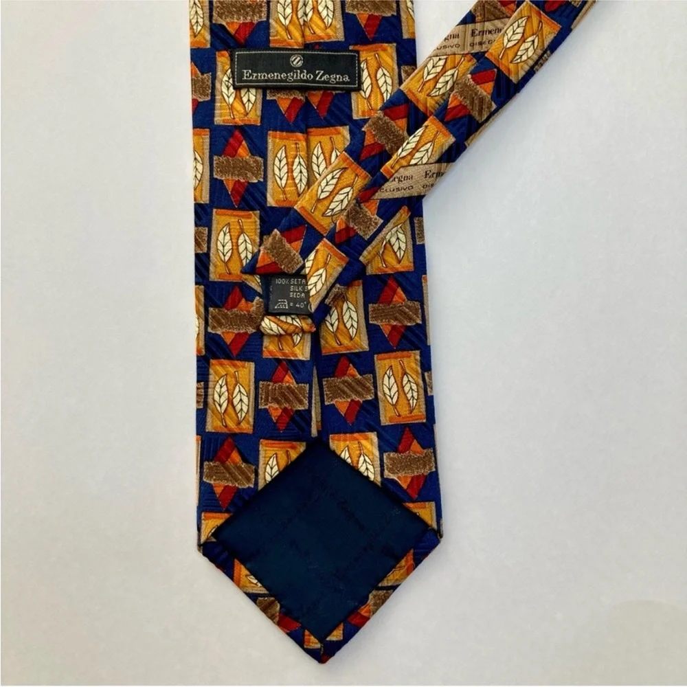 ERMENEGILDO ZEGNA Blue & Orange Autumn Flora Geometric Classic All Silk Tie